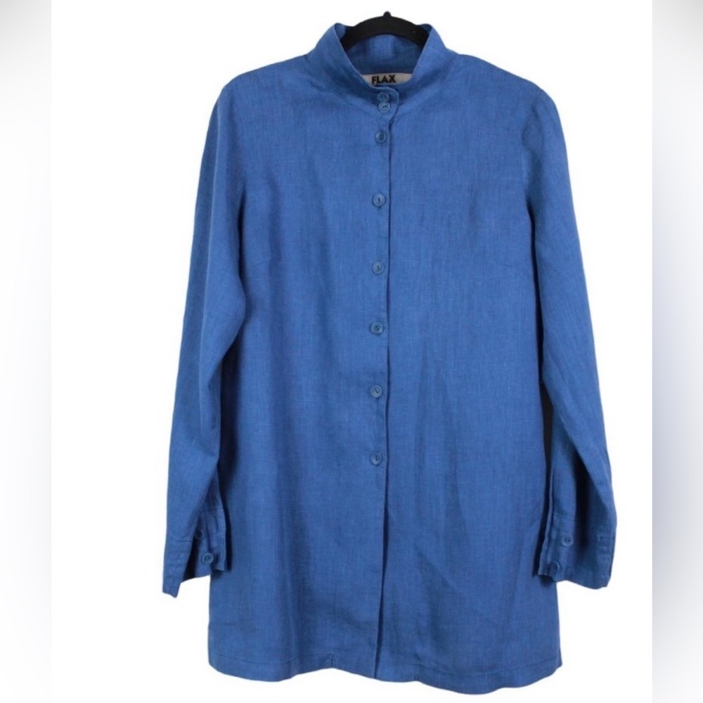 Flax mock neck long sleeve blue Linen blouse size Medium